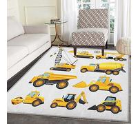 Yellow Construction Vehicles Boys Area Rug Machinery Trucks Bulldozer Crane Rugs Non-Slip Floor Mat for Living Room Bedroom Dining Room Farmhouse Laundry Room Bathroom 60 x 110 cm