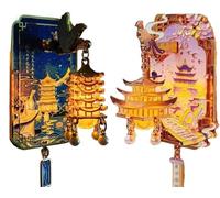 Yellow Crane Tower Luminous Lantern Refrigerator Magnet, Luminous Metal 3D Landmark Decorative Refrigerator Cultural Scenic(Pink+Blue)