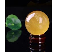 Yellow Crystal Ball Ornaments Raw Stone Polished Citrine Quartz Crystal Sphere Ball Calcite Iceland Spar Figurine with Wood Stand,14cm/5.5in