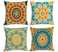 Yellow Cushion Covers 14x14 Inch, Outdoor Cushion Covers Mandala Pattern Design, Waterproof Throw Pillow Cases Set of 4, Double Sided Printed Pillow Cases with Invisible Zipper, Outdoor Garden Decor