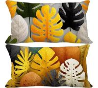 Yellow Cushion Covers 40cm x 70cm, 2 Pack Outdoor Cushions Waterproof Soft Sofa Pillows Leaf Pattern Design Double-Sided Printing Rectangle Pillow Covers for Summer Autumn Home Decor Gifts 10-p1296