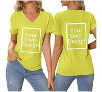 Yellow Custom Shirt V-Neck Women Personalized Gifts Add Your Image Text T-Shirt Design Photo Front/Back Print Customized Tee Short Sleeve Tunic Loose Fit Tshirts