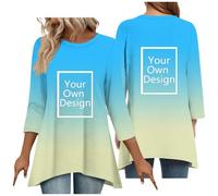 Yellow Customised T Shirt for Women 3/4 Sleeve Flare Custom T Shirts Personalised Front and Back Printed Tunic Tops Design Your Own Tshirt with Any Image Text Photo Logo Funny Tee