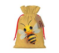 Yellow Cute Animal Bee Printed Christmas Drawstring Gift Bags-Xmas Wrapping Bags,Candy Bag,For Holiday Party Decorations,Wedding Party Supplies M Red Ribbon