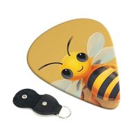Yellow Cute Animal Bee Printed Guitar Picks, 6 Pack with Leather Keychain Pick Holder - 0.46mm, 0.71mm, 0.96mm Assorted Thickness for Acoustic Ukulele, Electric Guitar, Acoustic Guitar, Bass