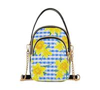 Yellow Daffodil Flowers Checkered Blue Shoulder Handbag Women Print Chain Strap Phone Wallet Handbag Quilted Zipper Designer Bowler Tote