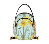 Yellow Daffodil Flowers Light Blue One Shoulder Purse Women Chain Wallet Cell Phone Purse Floral Print Crossbody Clutch Zipper Tote, 5.9" × 8.3" × 3.1"