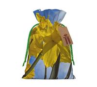 Yellow Daffodil Printed Christmas Drawstring Bags with Green Christmas Ribbon - Reusable Burlap Drawstring Gift Pouches, S