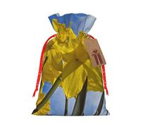 Yellow Daffodil Printed Christmas Drawstring Bags with Red Christmas Ribbon - Reusable Burlap Drawstring Gift Pouches, M