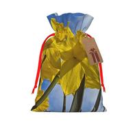Yellow Daffodil Printed Christmas Drawstring Bags with Red Ribbon - Reusable Burlap Drawstring Gift Pouches, S
