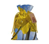 Yellow Daffodil Printed Christmas Drawstring Bags with Yellow Christmas Ribbon - Reusable Burlap Drawstring Gift Pouches, S