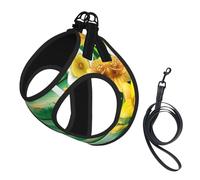Yellow Daffodils Flowers Print Dog Harness Small Sized And Leash Set, Step In Soft Light Puppy Vest Breathable Mesh Pet Harness
