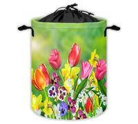 Yellow Daffodils Laundry Hampers With Drawstring Red Tulips Laundry Baskets For Bathroom Rustic Farmhouse Portable Clothes Storage Organizer Basket Spring Colorful Flowers W 35 L 44 Cm