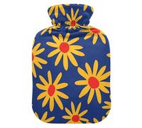 Yellow Daisies Royal Blue hot Bottle Water Bag with Soft Cover, 1L Water Bottle Bag for Hot and Cold Therapies, Hand Feet Warmer, Bolsa para agua Caliente para Dolor