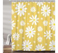 Yellow Daisy Floral Shower Curtain, Cute Boho White and Yellow Groovy Retro Flower Fabric Shower Curtains Set for Girls Bathroom Decorative, Aesthetic Restroom Decor Accessories with Hooks 72X72 Inch