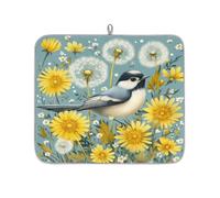 Yellow Daisy Flower Bird Dish Drying Mat for Kitchen Counter,Absorbent Dishes Drainer Mats Washable Dish Drying Pad for Worktop Draining Racks,46x41cm