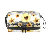 Yellow Daisy Flower on Stripe Double Layer Cosmetic Bag for Women and Girls, Travel Toiletry Bag Makeup Handy Pouch Organiser Bag with Brush Compartment