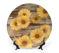 Yellow Daisy Flower Wood Bone China Decorative Plate with Display Stand Ceramic Dinner Plates Wall Decor for Home Kitchen 6inch