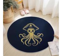 Yellow Dark Blue Flannel Round Rug, Simple Pirate Hat Octopus Pattern, Super Soft Machine Washable Not Easy to Fade Rug, 180 cm Non-Slip Round Carpet for Living Room Kids Room Dining Room Decor