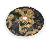 Yellow Dragon Black Background Print Christmas Tree Skirt Perfect For Christmas, New Year Seasonal Celebrations