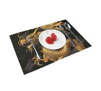 Yellow Dragon Black Background Print Heat Resistant Placemats Set of 4 | 45x30cm Polyester Table Mats for Dining Room Kitchen Decor