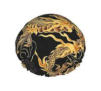 Yellow Dragon Black Background Print Shower Cap For Women Reusable Double-Layer Fabric Shower Caps Girls Hair Caps