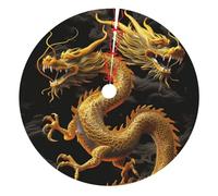 Yellow Dragon Black Background Printed Christmas Tree Skirt 48 inch, Double Layers Xmas Tree Skirts Base Floor Mat for Holiday Party Decoration Ornaments