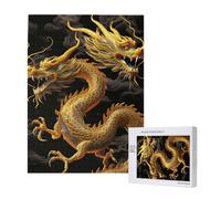 Yellow Dragon Black Background Printed Jigsaw Puzzle with Storage Box, Wooden Puzzle for Adults and Kids, 500 Pieces Family Fun Decorative Game, 38x52 CM