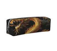 Yellow Dragon Black Background Printed Leather Pencil Case Cute Stationery Organizer Simple Makeup Bag Pen Pouch, Silver Zipper