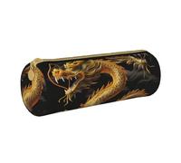 Yellow Dragon Black Background Printed Leather Pencil Case Round Pen Pencil Pouch Office Large Pencil Bag Stationery Box for Men Women Teens Students