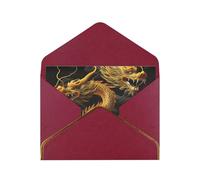 Yellow Dragon Black Background Printed Pearl Paper Greeting Card, Dark Red - Folded Blank Cards with Gold Trim for Weddings, Birthdays, Christmas