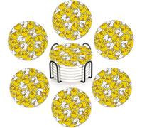 Yellow Duck Set of 6 Coasters Absorbent Ceramic Drink Mats with Cork Base & Metal Holder, Spill Protectors for Mugs/Cups, Cheerful Home/Bar Decor