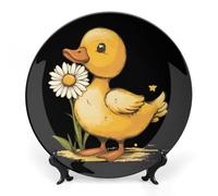 Yellow Duck with Daisy Flower Bone China Decorative Plate with Display Stand Ceramic Dinner Plates Wall Decor for Home Kitchen 10inch