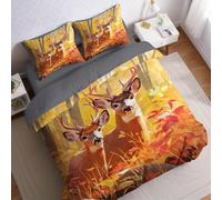 Yellow Duvet Cover Set 290x235 cm Animals Deer Forest Soft Breathable Polyester Bedding with 2 Pillowcase 50x75 cm, Zip Closure Quilt Cover for Modern Bedroom Decor