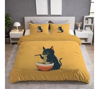 Yellow Duvet Cover SOFT & BREATHABLE & FlULLY 135 x 200 Duvet Cover With Zipper + Zippered pillowcase 1 x 50 x 80, Retro Comics Black Cat Ramen Bedding for Kids and Adults