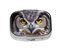 Yellow Eyed owl Print Pill Box Square Pill Case 2 Compartment Small Metal Medicine Organizer Portable Travel Pillbox for Pocket Purse Cute Mini Pill Container to Hold Daily Vitamins
