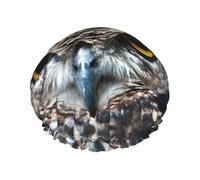 Yellow eyed owl Print Shower Cap for Women & Men - Reusable Double-Layer Bath Hair Cap with Elastic Strap One Size