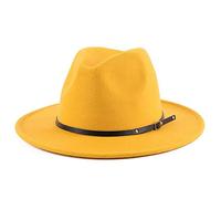 Yellow Fedora Hat with Belt Buckle Unisex Classic Felt Wide Brim Panama Hats Adjustable Church Jazz Cap for Women Men