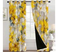 Yellow Floral Curtains Blackout for Home Decor, Thermal Curtains Oil Painting Pattern, Living Room & Bedroom Eyelet Drapes 90 Inch Drop, 90x90, 2 Panels E&3665
