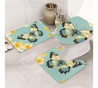 Yellow Flower Butterfly Bathroom Rugs Sets 3 Piece, Soft Absorbent Memory Foam Bath Mats And U Shaped Contour Toilet Rug, Home Decoration, Quick Dry