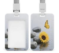 Yellow Flower Butterfly with Zen Stone Badge Holder ID Card Hold Case Personalized Retractable Badges Holders Worker Badge Holder Ferrule Nurse Doctor Office Teacher Name Credit Card Pocket
