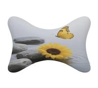 Yellow Flower Butterfly with Zen Stone Car Neck Pillows 2 Pack Removable Ergonomic Cervical Support Pillow Fashion Cozy Bone Shaped Pillows Soft Car Headrest Pillow for Office Airplane Most Car