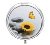 Yellow Flower Butterfly with Zen Stone Pill Case with Mirror Retro 3 Compartment Small Pill Organizer Metal Round Pill Box Or Vitamins Fish Oil Supplements Pill Container Travel for Purse Pocket