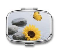 Yellow Flower Butterfly with Zen Stone Pill Organizer Small Pill Box with Two Compartments Pill Case Metal Medicine Organizer Portable Medicine Box Holder Medication Holder Travel Pill Container