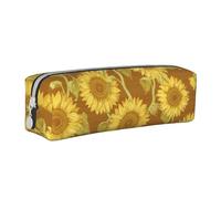 Yellow Flower Green Leaves Brown Background Pencil Case Leather Simple Zipper Pencil Bag, Color 4, 21 x 5 x 5.5 cm