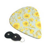 Yellow flower Guitar Picks 6 Pack with Leather Guitar Pick Holder Keychain, Plectrum Key Fob Cases Bag, Abstract Art Plectrum for Acoustic Electric Guitar, Ukulele 0.96mm