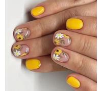 Yellow Flower Patterned Short Square Press On Nails Pack Of 24 Women's Glossy Artificial Faux Glues On Set Nail Extensions