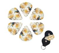Yellow Flowers and Birds Guitar Picks 6 Pack, 0.96mm Thickness Celluloid Bass Pick with Leather Guitar Pick Holder Keychain Abstract Art Pics Plectrum for Acoustic Electric Guitar, Ukulele, Bass