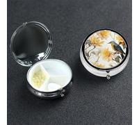 Yellow Flowers and Birds Pill Box with Mirror 3 Compartment Decorative Pill Case for Purse or Pocket Small Round Pill Organizer Weekly Metal Medicine Tablet Vitamin Holder Travel Gift