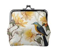 Yellow Flowers And Birds Small Coin Purse For Women, Kiss-Lock Wallet Leather Cute Coin Wallet Mini Coin Pouch Change Purse Key Holder